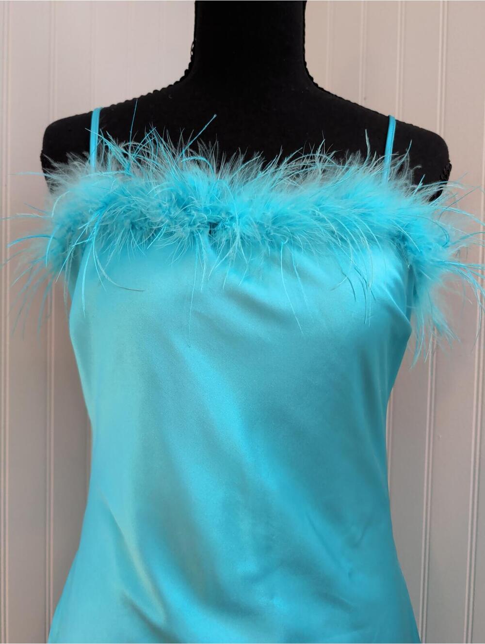 Thirty Thirty Aqua Blue Satin Mini Dress with Feather Trim Open Back Tie Small